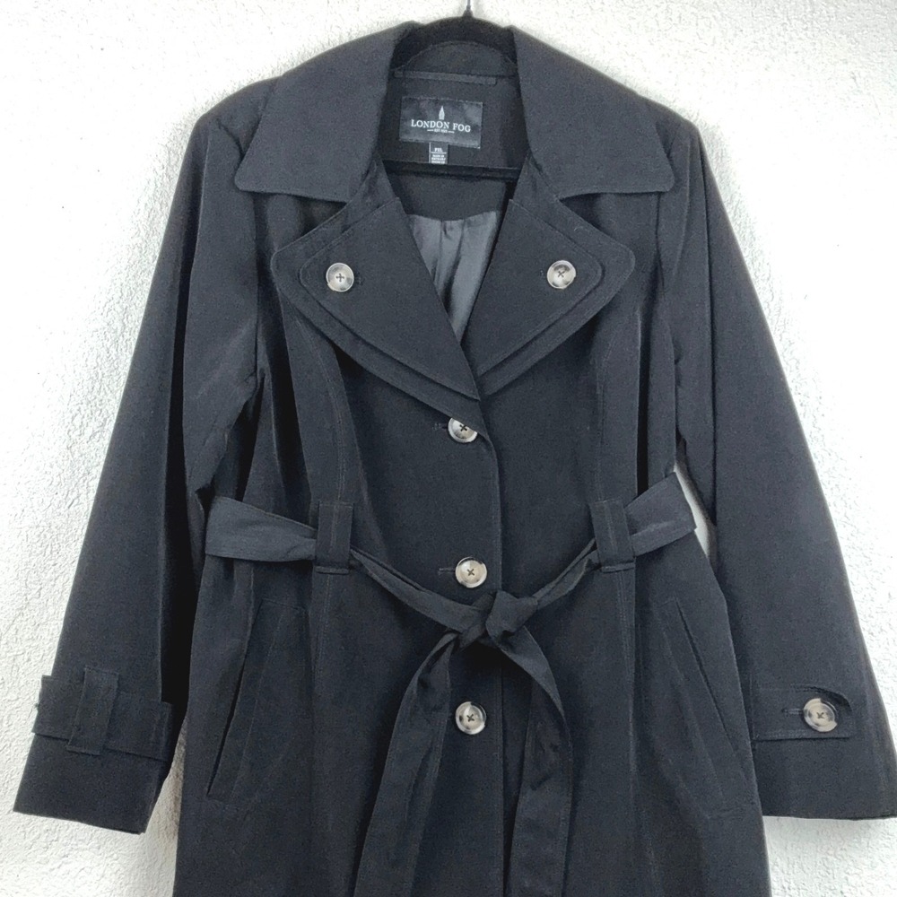London Fog Black Trench Coat - PXL- Belted Button Front Classic Professional